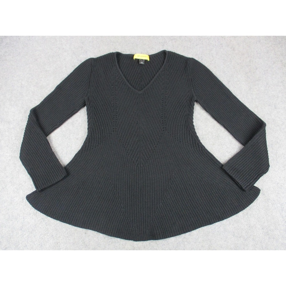 St John Sweater Womens Small Black Wool V Neck Ribbed Knit Pullover Sweatshirt